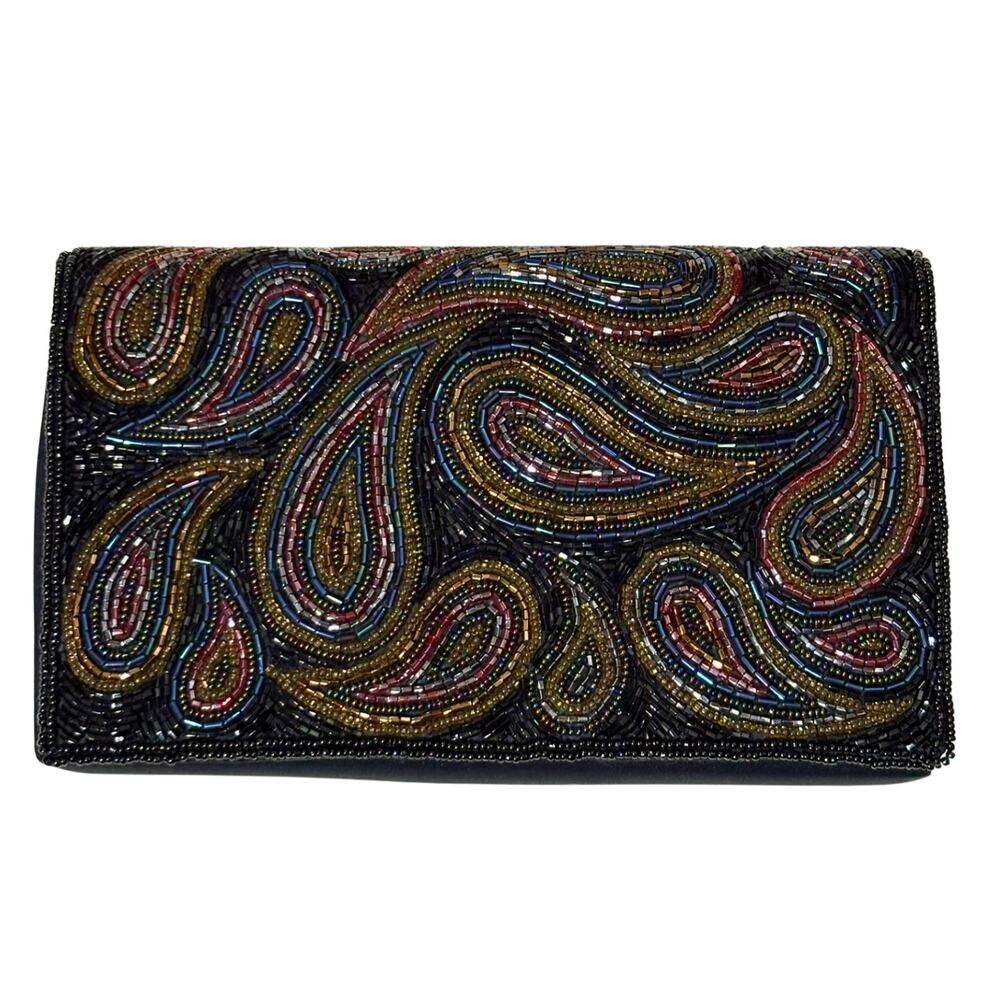 Vintage Beaded Paisley Convertible Clutch Purse Handbag Magnetic Snap Black